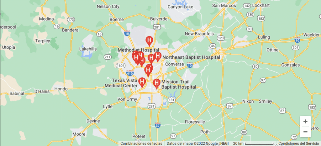 Mapa de los hospitales asociados a la red de proveedores de servicios de salud en San Antonio.