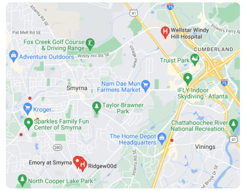 Mapa de hospitales asociados a seguros médicos en Smyrna.