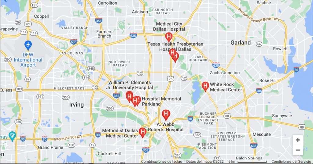 Mapa de los hospitales asociados a la red de proveedores de seguros médicos en Dallas.